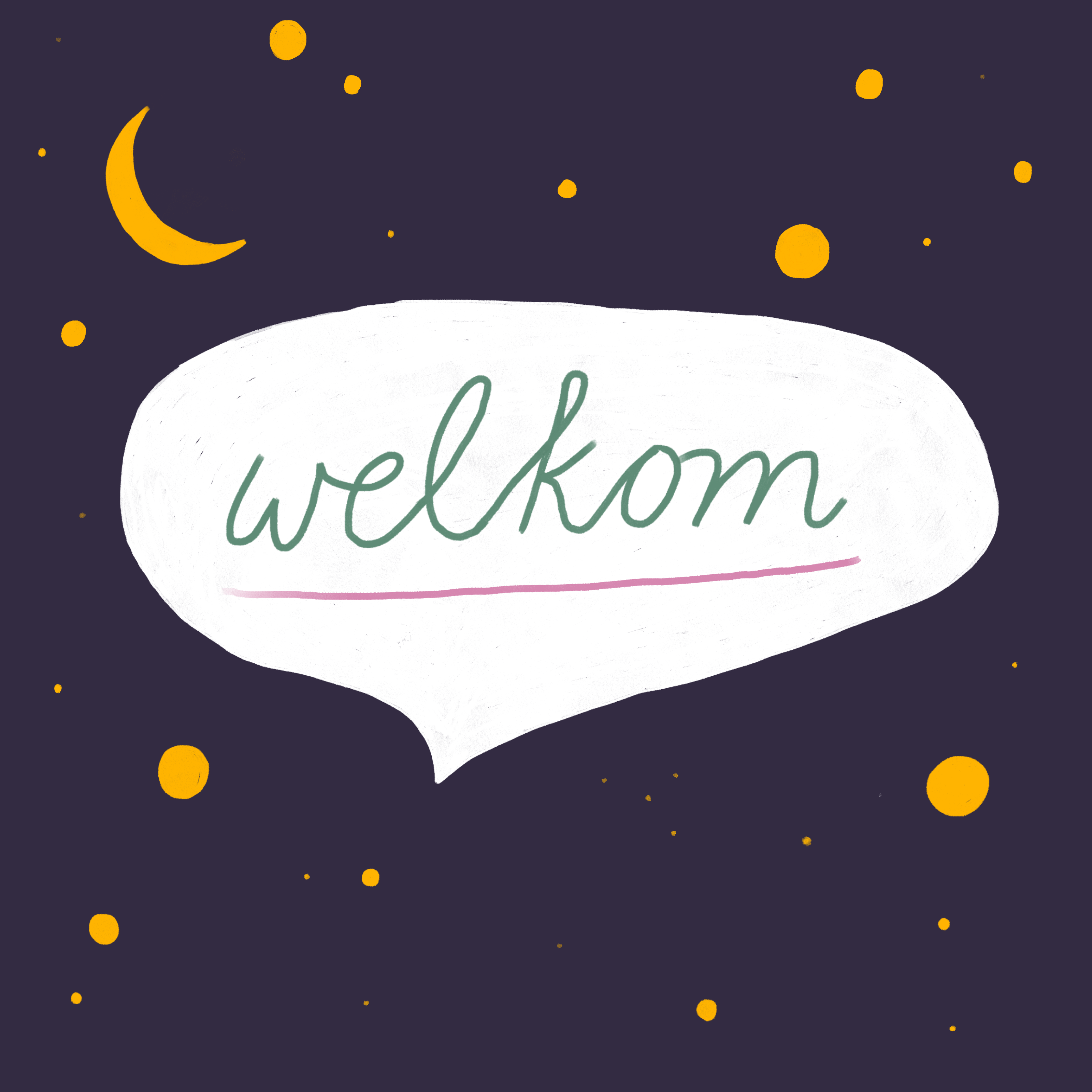 Tekstballon met welkom met op achtergrond maan en sterren.